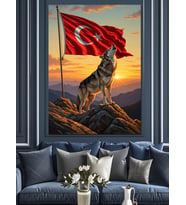 Türk Bayrağı Önünde Uluyan Kurt Dekoratif Kanvas - Mdf Ahşap Tablo