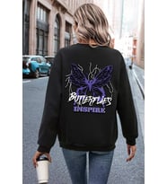 Unisex Butterfly & Letter Graphic Baskılı Bisiklet Yaka Sweatshirt (Siyah)