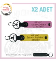 Motosiklet Severlere Özel, İsim Plaka ve 0 Rh (+) Kan Grubu Acil Durum x2 Anahtarlık, Sarı-Pembe-Syh