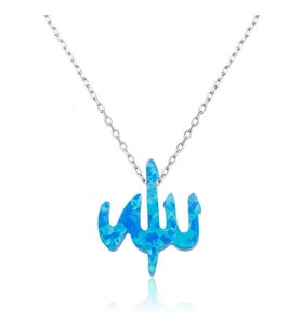 Opal Taşlı Allah Muhammet Yazılı 925 Ayar Gümüş Kolye