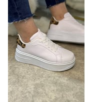 Günlük Kadın Sneaker Bağcıklı Kalın Yüksek Taban Leopar Detay Spor Ayakkabı 065 (Leopar Beyaz)