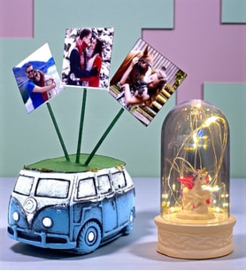 Kişiye Özel Hediye Seti Led Işıklı Fanus ve 3 Fotoğraflı Mavi Vosvos Saksı (Model 2)