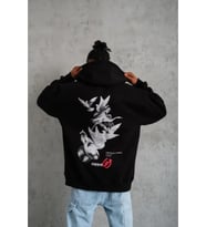 Erkek Şapkalı Güvercin Baskılı Kapşonlu Sweat - Siyah