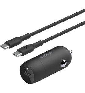 BoostCharge 30W Hızlı Araç Şarj Cihazı, USB-C Güç Dağıtım Portlu Kompakt Tasarım, USB-C - USB-C Kablosu Dahil, iPhone 16, 15, Galaxy S23, Note ve Daha Fazlası için Evrensel Uyumluluk - Siyah