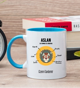 Kişiye Özel Aslan Burcuna Hediye Mavi Kupa Bardak