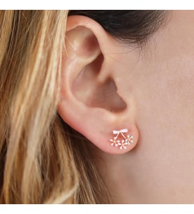 Mini Renkli Çiçek Fiyonk Modeli Rose Gold Kaplama Gümüş Küpe