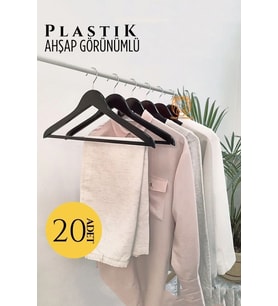 Şık Siyah Ahşap Görünüm Plastik Askı 20'li Set