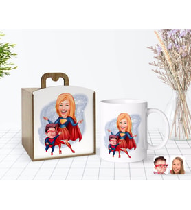 BK Gift Kişiye Özel Ahşap Kutuda Anneler Günü Temalı Süper Anne ve Çocuk Karikatürlü Beyaz Kupa Bardak-1