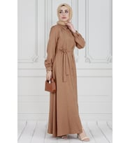 İnci Çakım Önü Düğmeli Keten Elbise-Camel