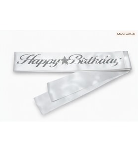 Kumaş Kuşak Happy Birthday Beyaz - Gümüş