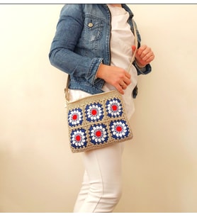 El Yapımı Kare Motifli Örgü Bej Çanta, Pamuklu & Astarlı El Yapımı Clutch,  Ayarlanabilir Askılı Motifli Çantalar, Çiçekli Örgü Çanta (Bej)