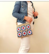 El Yapımı Kare Motifli Örgü Bej Çanta, Pamuklu & Astarlı El Yapımı Clutch,  Ayarlanabilir Askılı Motifli Çantalar, Çiçekli Örgü Çanta (Bej)