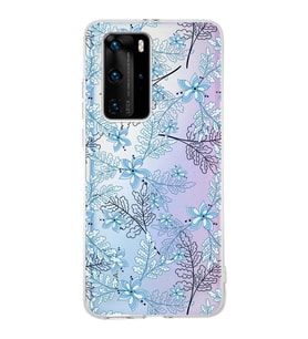 Huawei P40 Pro Uyumlu Kapak Floral Mavi Tasarımlı Şeffaf Silikon Kılıf