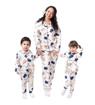 Kadın Anne Ekru Kahve Laci Biyeli Smile Yazılı Ayıcık Desenli Kruvaze Yaka Pijama Takımı