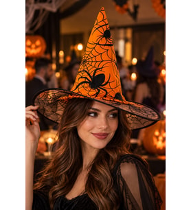 Halloween Turuncu Dev Örümcek Desenli Cadı Şapkası Ağ Detaylı Cadılar Bayramı Kostüm Aksesuarı