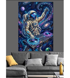 Uzayda Dj Performansı Yapan Astronot Dekoratif Kanvas - Mdf Ahşap Tablo