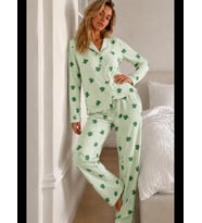 Night Yeşil Kadın Desenli Düğmeli Uzun Kollu Pijama Takımı