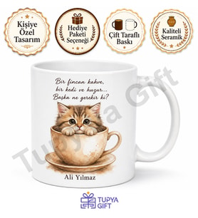 Kahve Fincanı İçinde Kedi Baskılı Kupa Bardak Kedi Severler İçin Hediye