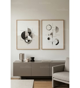 Minimalist Geometrik Kompozisyon 2’li Ahşap Çerçeveli Tablo Seti