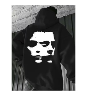 Unisex Oversize Hoodie Soyut Yüz Baskılı (Siyah)