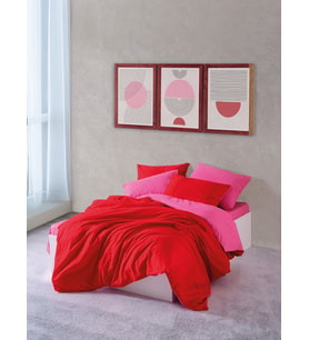 Cozy Home Popping Colors Çift Kişilik Lastikli Çarşaflı Nevresim Takımı Sage Kırmızı-Fuşya