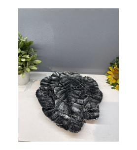 Dekoratif Polyester Tekli Yaprak Sunumluk Tepsi Gümüş Siyah Eskitme