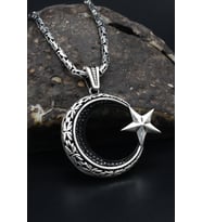 Ay Yıldızlı (AYYILDIZLI) Zirkon Taş Süslemeli Kral Zincirli 925 Ayar Gümüş Kolye 901077
