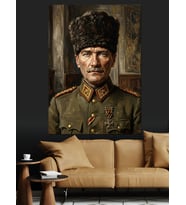 Kalpaklı Mustafa Kemal Atatürk Portresi Dekoratif Kanvas - Mdf Ahşap Tablo