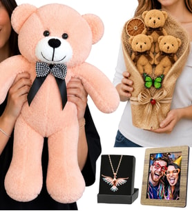 Kişiye Özel Fotoğraflı 50 cm Pembe Peluş Ayıcık, Renkli Anka Kuşu Kolye ve Kahve Peluş Ayıcık Buketi Hediye Seti