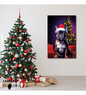 Tekli Dikey Kanvas Duvar Tablosu Yılbaşı Hediyesi Noel Baba Kostümlü French Bulldog