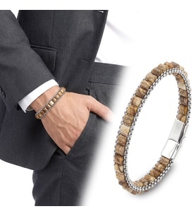 💎 Premium Odun Jasper Doğal Taşlı Hasır Örgü Zincirli Erkek Çelik Bileklik 31832B28D13 - 20 cm