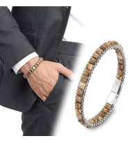 💎 Premium Odun Jasper Doğal Taşlı Hasır Örgü Zincirli Erkek Çelik Bileklik 31832B28D13 - 20 cm