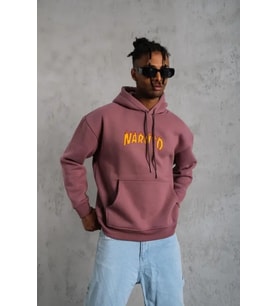 Erkek 3 İplik Pamuklu Kapüşonlu Baskılı Cepli Oversize Sweatshirt Hoodie - Gül Kurusu