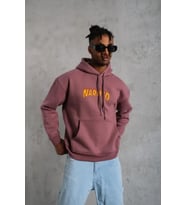 Erkek 3 İplik Pamuklu Kapüşonlu Baskılı Cepli Oversize Sweatshirt Hoodie - Gül Kurusu