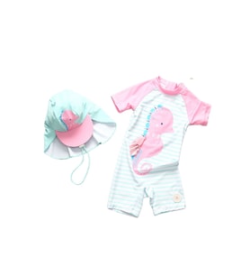 UPF50+ Güneş Korumalı Kız Çocuk Mayo Pembe Mint Beyaz Şapkalı Mayo Set