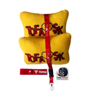 Tofaşk Polar Ortopedik Araç Seyahat Nakışlı Sarı Boyun Yastığı / Oto Ayna Askısı & Tampon Dili