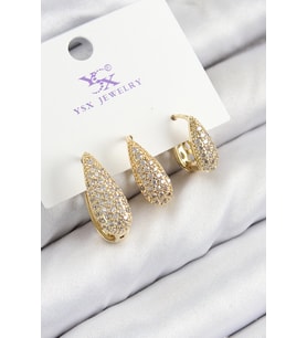 Pirinç Zirkon Taşlı 3'lü Damla Model Gold Renk Kadın Küpe (Altın)