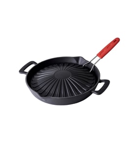 Lava Döküm Yuvarlak Grill Izgara Tavası Genghis Khan Serisi Çift Kulp ve Silikon Tel Saplı Çap(Ø)32cm.