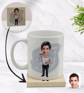 BK Gift Kişiye Özel Baba Karikatürlü Beyaz Kupa Bardak ve Ahşap Bardak Altlığı Hediye Seti - Model 1