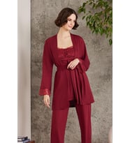 Dantelli Penye 3'lü Kadın Lohusa Pijama Takımı - 2805 (Bordo)