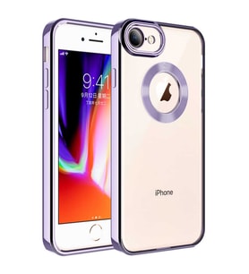 Apple iPhone SE 2020 Kılıf Logo Yeri Açık Kamera Lens Korumalı Renkli Kenarlı Şeffaf Silikon (Lila)