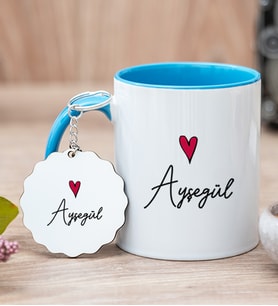Kişiye Özel İsim Yazılı Minik Kalpli Mavi Kupa Bardak ve Anahtarlık