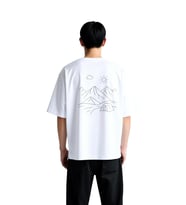 Erkek Oversize Tişört Dağ Çadır Güneş Bulut Line Art Baskı Rahat Kesim Günlük Modern Şık Konforlu