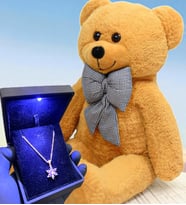 Premium Set - Büyük Boy Peluş Ayıcık ve Işıklı Kutuda 925 Ayar Gerçek Ametist Taşlı Lotus Kolye (Model 2)