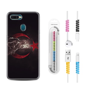 Oppo A5S A15 A16 A54 A55 A73 A74 Kılıf Kablo Koruma Spiral Silikon Kurt ve Ay Yıldız 1403