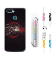 Oppo A5S A15 A16 A54 A55 A73 A74 Kılıf Kablo Koruma Spiral Silikon Kurt ve Ay Yıldız 1403