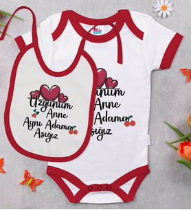 BK Kids Aynı Adama Aşığız Tasarımlı Kırmızı Bebek Body Zıbın ve Mama Önlüğü Hediye Seti-1