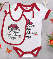 BK Kids Aynı Adama Aşığız Tasarımlı Kırmızı Bebek Body Zıbın ve Mama Önlüğü Hediye Seti-1