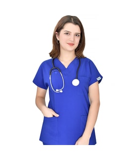 Unisex Saks Mavisi Esnek  Likralı Doktor Hemşire Aşçı Cerrahi Scrubs Tek Üst Forma
