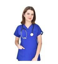 Unisex Saks Mavisi Esnek  Likralı Doktor Hemşire Aşçı Cerrahi Scrubs Tek Üst Forma